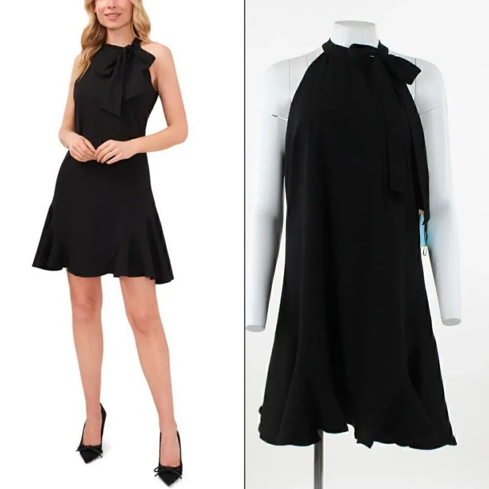 CeCe Tie Neck Sleeveless Dress in Rich Black